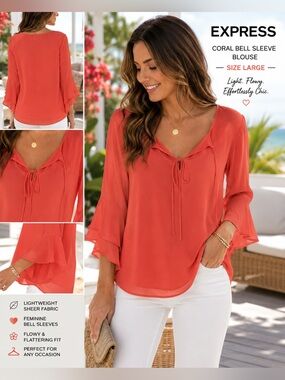 Express Coral Sheer Bell Sleeve Blouse Size Large | Flowy Feminine Summer Top